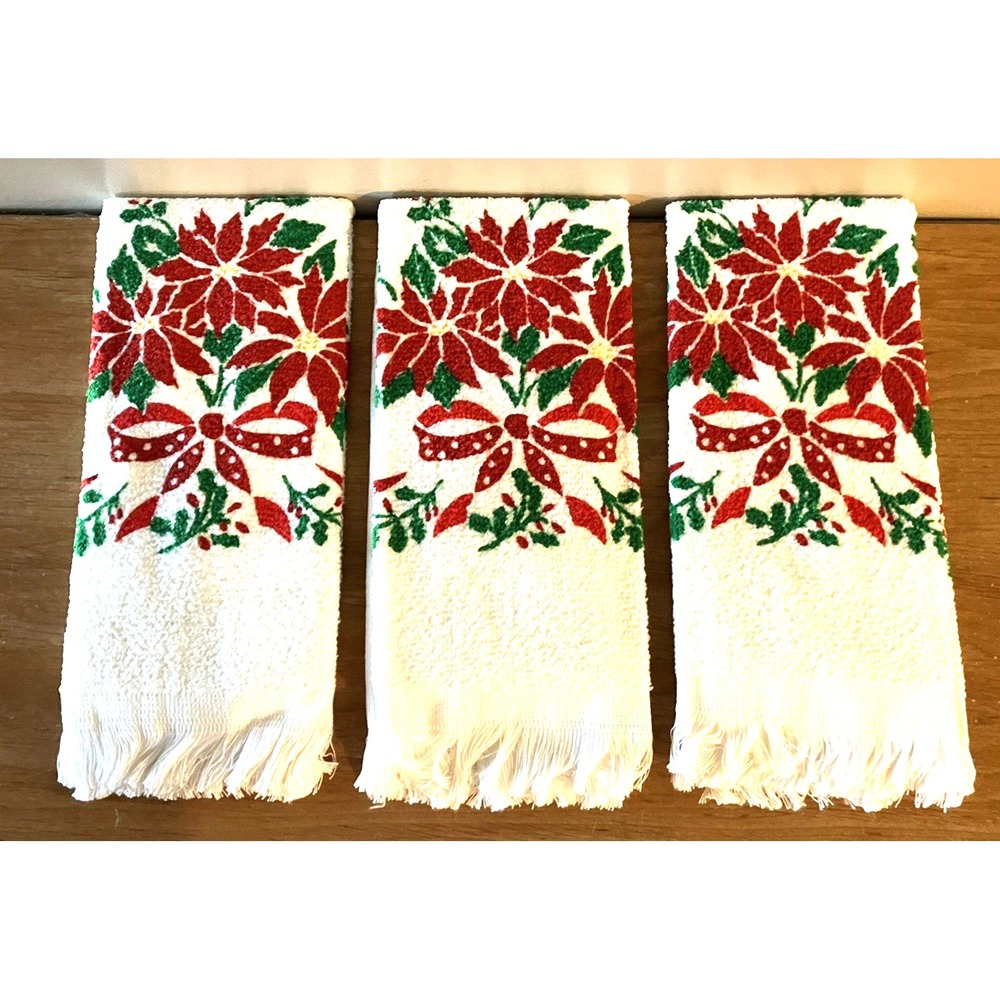 Set of 3 Vintage Christmas Holiday R.A. Briggs  POINSETTIA TEA TOWELS -16" x 11"